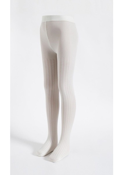 Kız Çocuk 20 Denye Örgü Desenli Külotlu Çorap Ekru