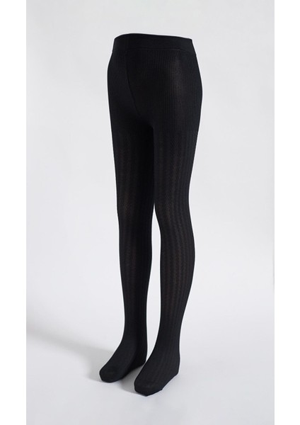 Kız Çocuk 20 Denye Örgü Desenli Külotlu Çorap Siyah