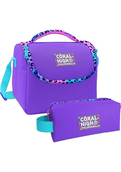 Mor Leopar Desenli Kız Çocuk Isı Yalıtımlı Beslenme Çantası ve Kalemlik Seti