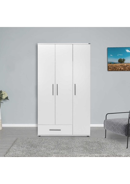 White 3 Kapaklı Tek Çekmeceli Gardırop-Mat Beyaz 103X187X52 cm (Gxyxd)