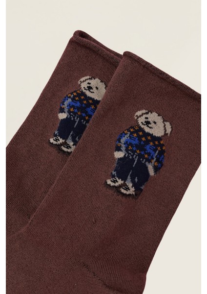 Kadın Teddy Desenli Lastiksiz Modal Soket Çorap Koyu Kahverengi