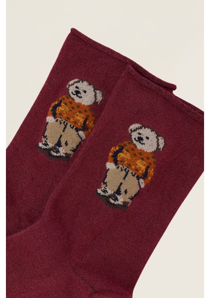 Kadın Teddy Desenli Lastiksiz Modal Soket Çorap Bordo
