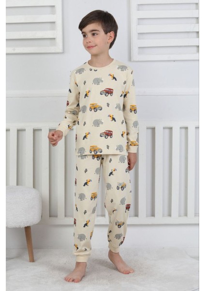 Isob Bej Safari Desenli %100 Pamuk Erkek Çocuk Pijama Takımı 3-8 Yaş 51301-B