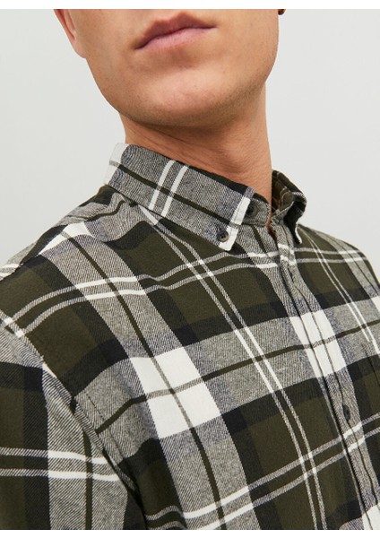 Slim Fit Yeşil Düz Erkek Gömlek Jjeclassıc Autumn Check Shırt Ls Sn