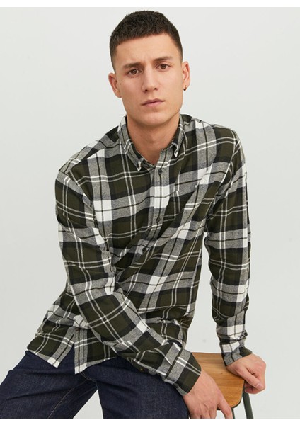 Slim Fit Yeşil Düz Erkek Gömlek Jjeclassıc Autumn Check Shırt Ls Sn fırsatları