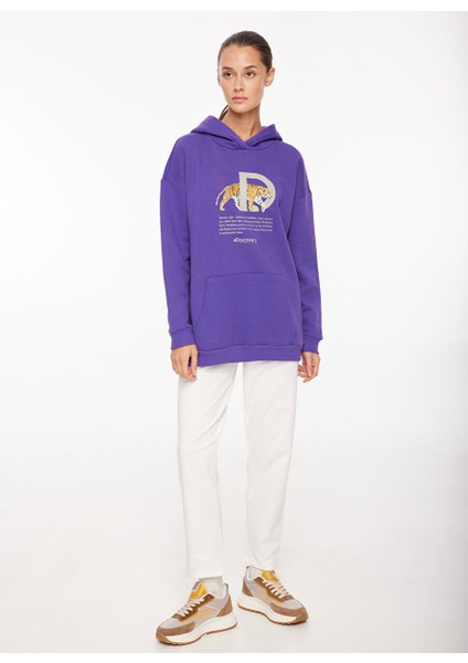 Mor Kadın Kapüşon Yaka Loose Fit Baskılı Sweatshirt D3WL-SWT25