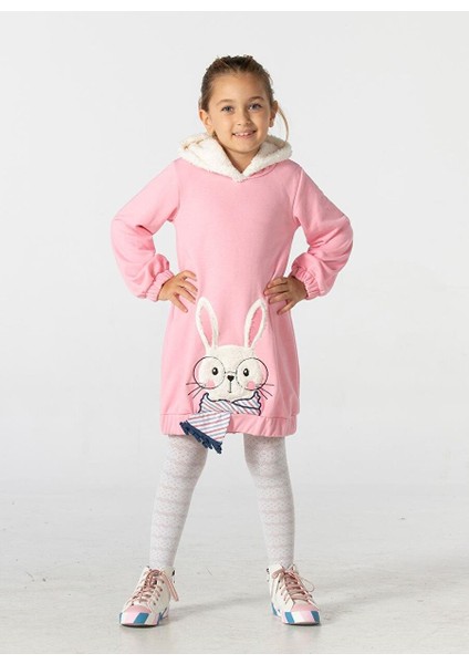 Bunny Soft Kapişonlu Pembe Kız Çocuk Elbise
