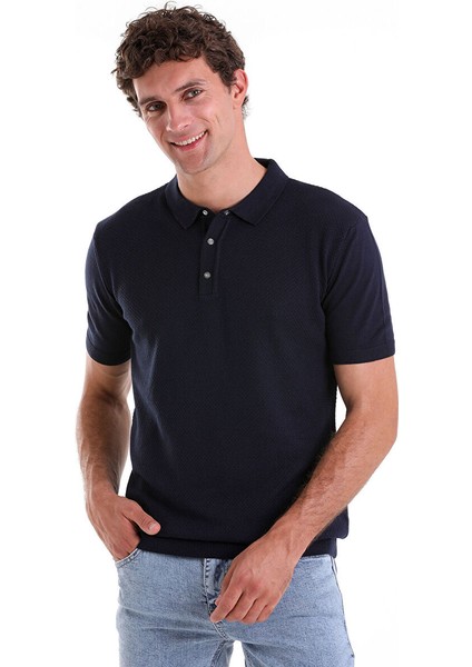 Lacivert Regular Fit Düz Pamuklu Polo Yaka Triko Tişört