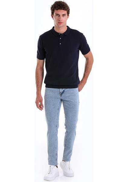 Lacivert Regular Fit Düz Pamuklu Polo Yaka Triko Tişört