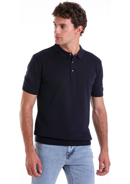 Lacivert Regular Fit Düz Pamuklu Polo Yaka Triko Tişört