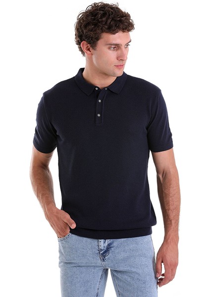 Lacivert Regular Fit Düz Pamuklu Polo Yaka Triko Tişört