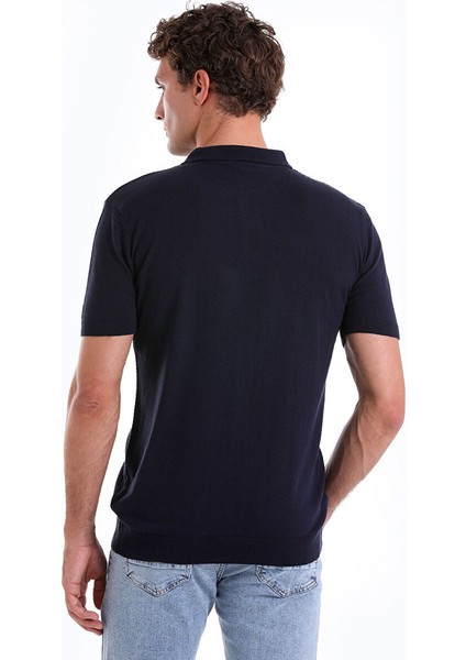 Lacivert Regular Fit Düz Pamuklu Polo Yaka Triko Tişört