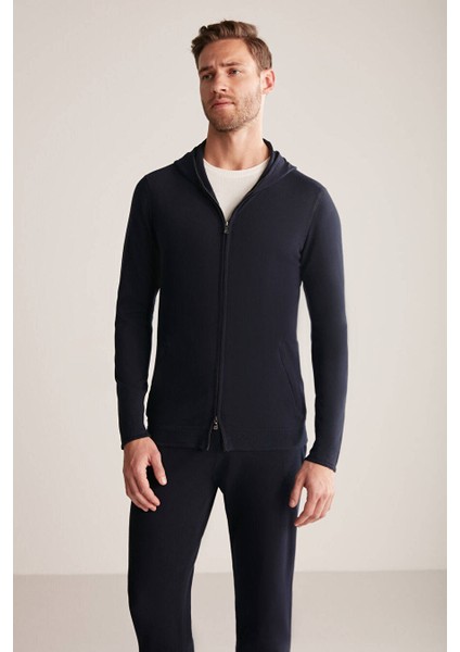Slim Fit Lacivert Kapüşonlu Ince Hırka