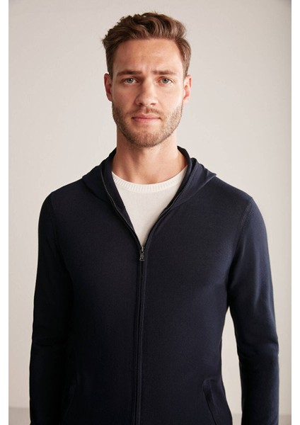 Slim Fit Lacivert Kapüşonlu Ince Hırka