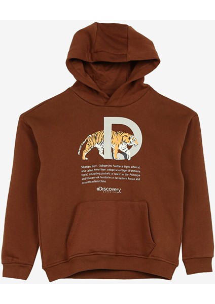 Kahve Erkek Çocuk Kapüşon Yaka Oversize Baskılı Sweatshirt D3WB-SWT23