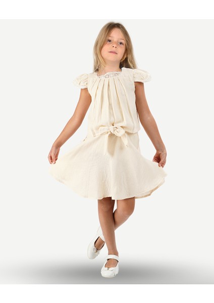 Bej Muslin Dantelli Kız Çocuk Tunik + Etekli Takım