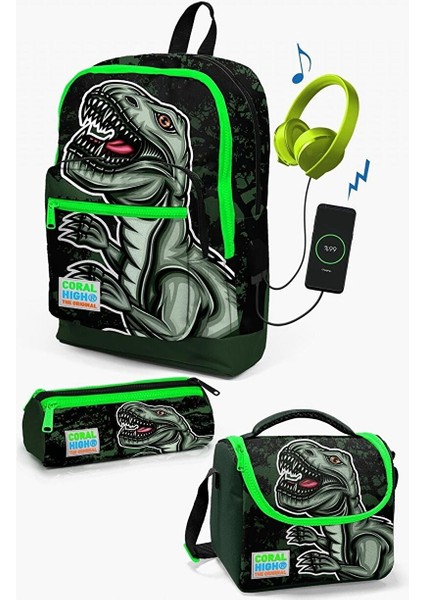 Kids Koyu Yeşil Siyah Dinazor Desenli Usb'li 3’lü Okul Çanta Seti - Erkek Çocuk
