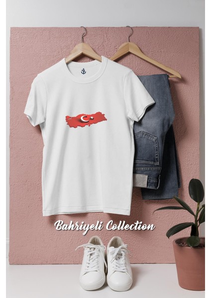 Oversize 3 Boyutlu Türkiye Haritası ve Ayyıldız Tasarımlı Unisex T-Shirt