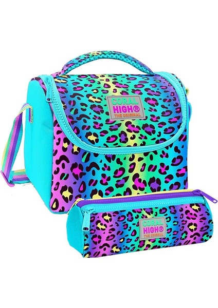 Kız Çocuk Yeşil Mor Leopar Thermo Beslenme Çantası ve Üç Bölmeli Kalemlik Seti