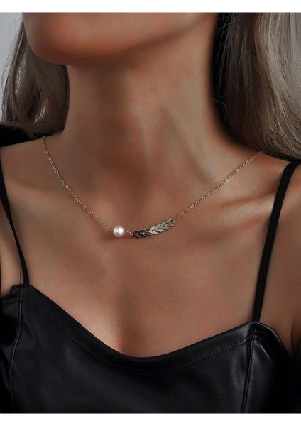 Kadın Gümüş Renk Kılçık ve Incili Şık Boyun ve Sırt Kolyesi Altın Kaplama