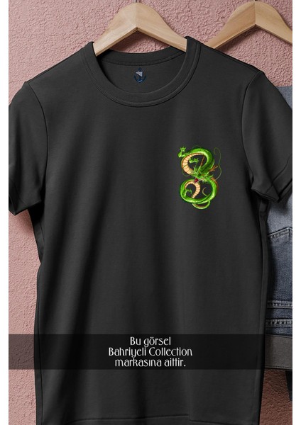 Oversize Green And Yellow Dragon Illustration Cep Tasarımlı Unisex T-Shirt fiyatları
