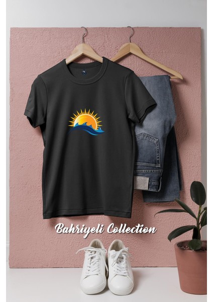 Oversize Güneş ve Deniz Tasarımlı Unisex T-Shirt