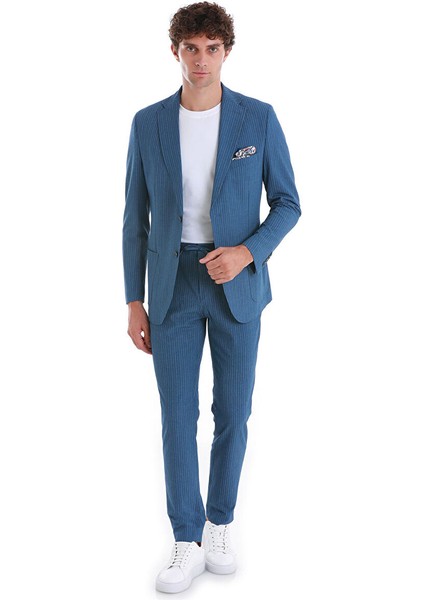 Mavi Slim Fit Çizgili Mono Yaka Takım Elbise