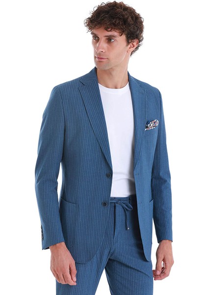 Mavi Slim Fit Çizgili Mono Yaka Takım Elbise modelleri