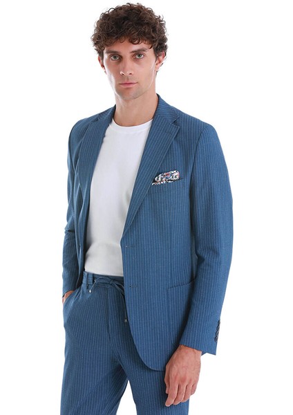 Mavi Slim Fit Çizgili Mono Yaka Takım Elbise fırsatları