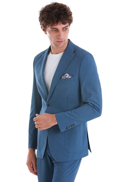 Mavi Slim Fit Çizgili Mono Yaka Takım Elbise indirimleri