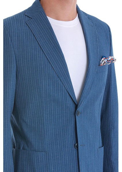 Mavi Slim Fit Çizgili Mono Yaka Takım Elbise