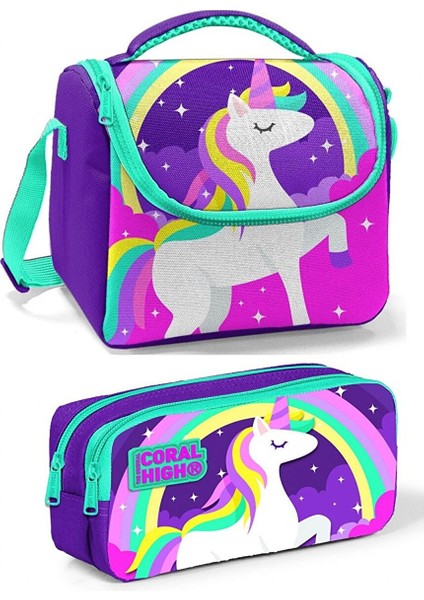 Mor Pembe Unicorn Kız Çocuk Beslenme Çantası Seti