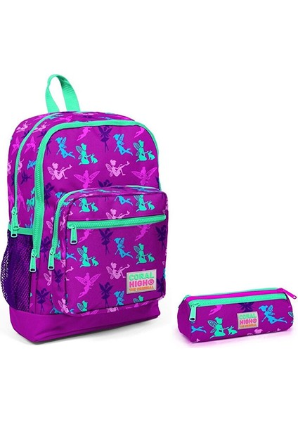 Coral High Kız Çocuk Peri Baskılı Ilkokul Çantası ve Kalemlik Takım - Mor/yeşil