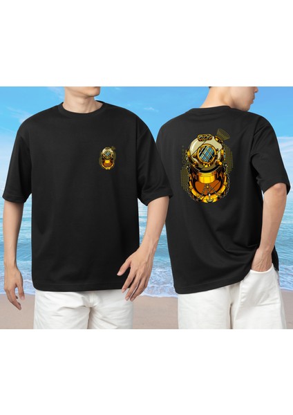 Oversize Gold Dalgıç Dalış Başlığı Tasarımlı Unisex T-Shirt