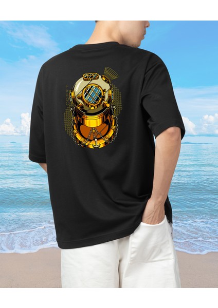Oversize Gold Dalgıç Dalış Başlığı Tasarımlı Unisex T-Shirt