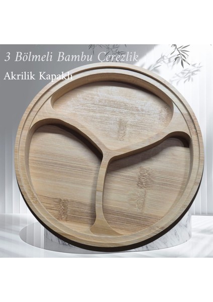 Kapaklı 3 Bölmeli Bambu Yuvarlak Sunum Tabağı Çerezlik
