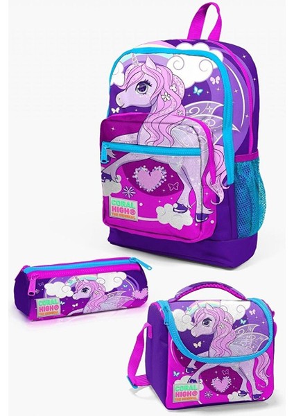 Kids Mor Pembe Unicorn Desenli 3’lü Okul Çanta Seti - Kız Çocuk