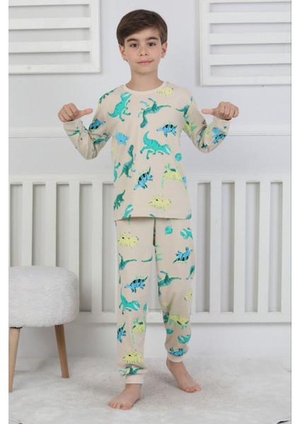 Isob Bej Dinozor Desenli %100 Pamuk Erkek Çocuk Kısa Kollu Pijama Takımı 3-8 Yaş 51302-B