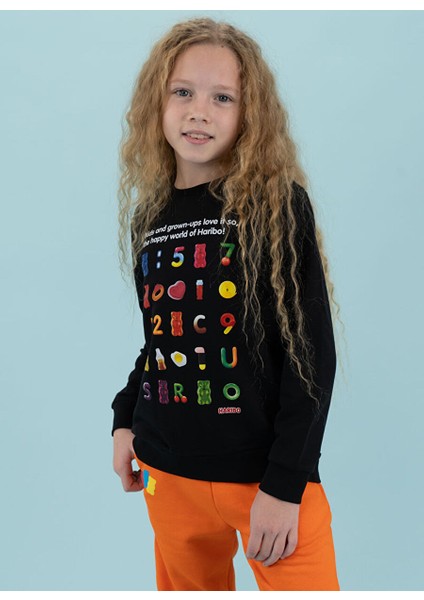 Siyah Kız Çocuk Bisiklet Yaka Baskılı Sweatshirt HRBTXT302
