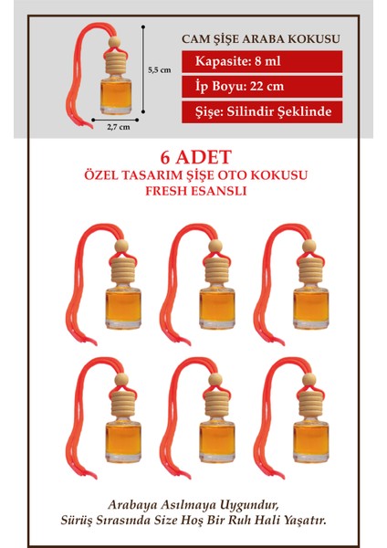 Bymeyla Fresh Ferah Koku Esanslı 6 Lı Cam Şişede Oto Kokusu ve Oto Aksesuarı