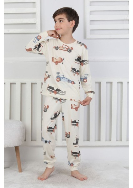Isob Bej Uçak Desenli %100 Pamuk Erkek Çocuk Pijama Takımı 3-8 Yaş 51303-B