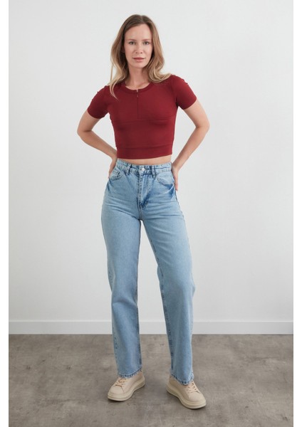 Basic Yarım Fermuarlı Dalgıç Kumaş Crop Tişört fiyatları