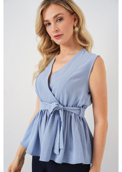 Kruvaze Yaka Kolsuz Bluz 966 - Mavi modelleri