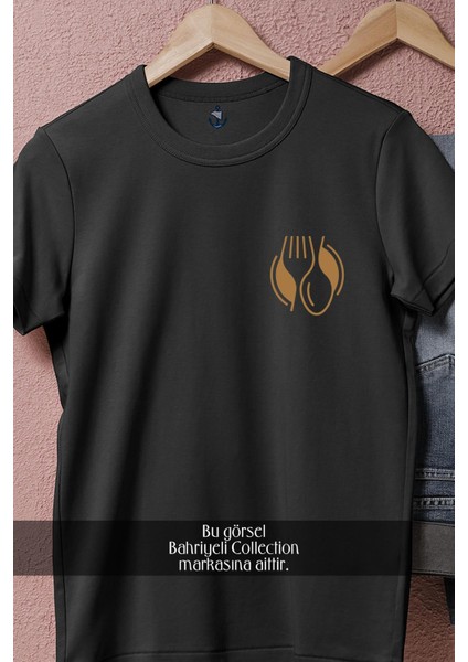 Oversize Çatal ve Restaurant Logo Cep Tasarımlı Unisex T-Shirt indirimleri