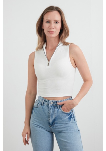 Fitilli Yarım Fermuarlı Kolsuz Bluz