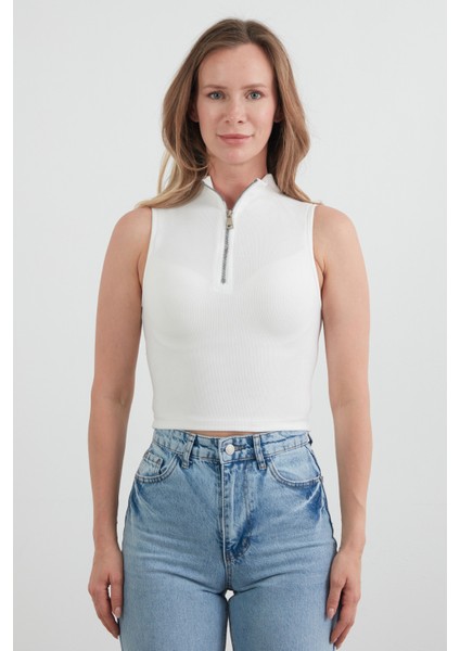 Fitilli Yarım Fermuarlı Kolsuz Bluz