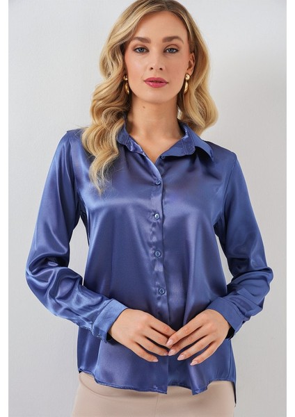 3964 Hafif Dökümlü Saten Gömlek - C.lacivert