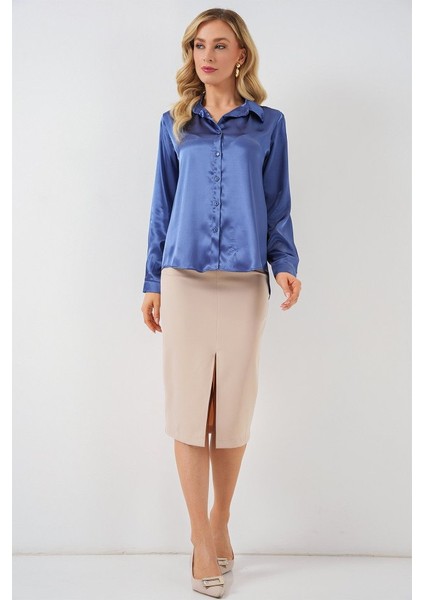 3964 Hafif Dökümlü Saten Gömlek - C.lacivert fiyatları