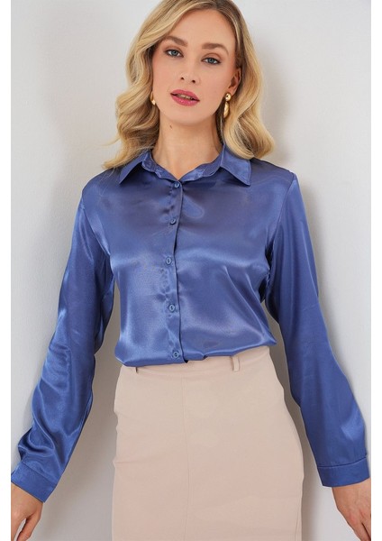 3964 Hafif Dökümlü Saten Gömlek - C.lacivert modelleri
