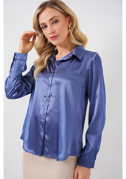3964 Hafif Dökümlü Saten Gömlek - C.lacivert fırsatları